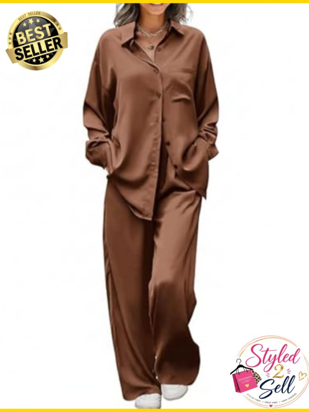 Satin Silky Pajama Set Long Sleeve Button Down Loungewear Wide Leg Pants